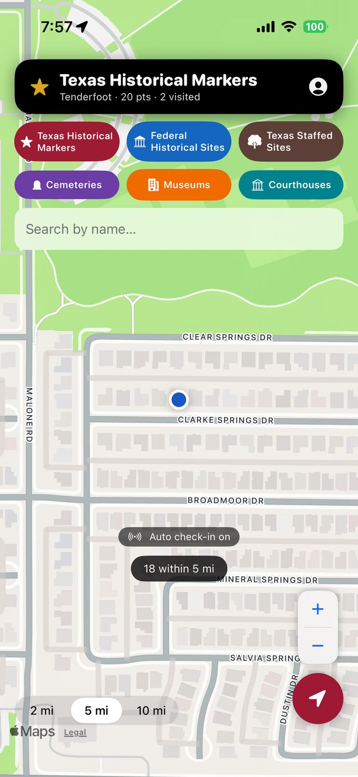 TexasRoam map view with nearby markers, cemeteries, museums and courthouses